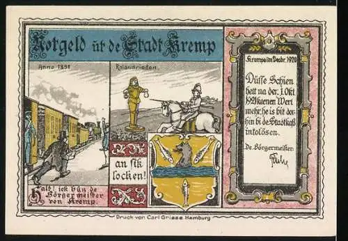 Notgeld Kremp 1920, 25 Pfennig, Hafenpartie, Rolandrieden, Eisenbahn anno 1851, Wappen