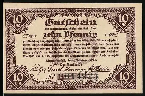 Notgeld Klostermansfeld 1920, 10 Pfennig, Schloss Mansfeld, Gutschein
