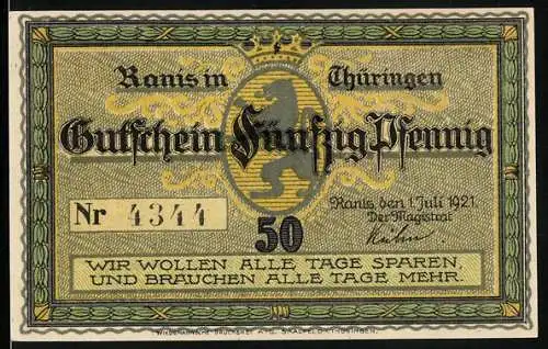 Notgeld Ranis i. Thür., 1921, 50 Pfennig, Ortsansicht aus der Vogelschau, Gutschein