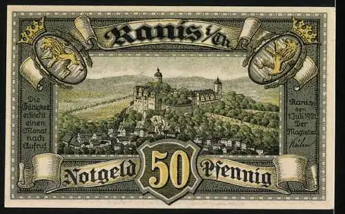 Notgeld Ranis i. Thür., 1921, 50 Pfennig, Ortsansicht aus der Vogelschau, Gutschein