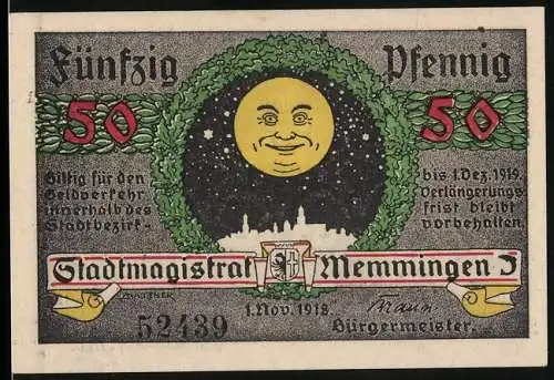 Notgeld Memmingen 1918, 50 Pfennig, Mond über der Stadt, Rathaus und Wappen