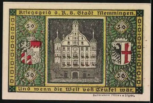 Notgeld Memmingen 1918, 50 Pfennig, Mond über der Stadt, Rathaus und Wappen