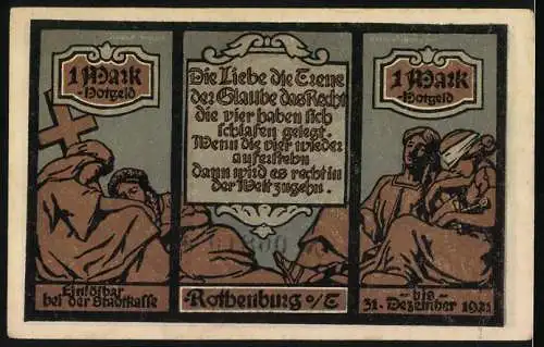 Notgeld Rothenburg o. Tauber 1921, 1 Mark, Ortspartie, Allegorie Liebe, Glaube, Recht