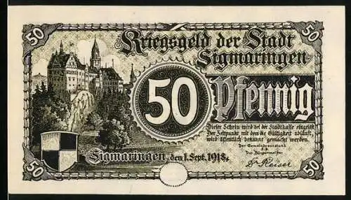 Notgeld Sigmaringen 1918, 50 Pfennig, Schloss, Hofnarr und Soldaten im Kampf