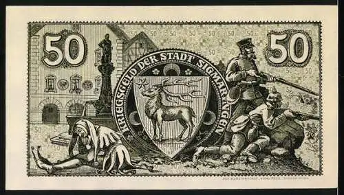 Notgeld Sigmaringen 1918, 50 Pfennig, Schloss, Hofnarr und Soldaten im Kampf