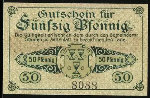 Notgeld Staufen i. Br. 1918, 50 Pfennig, Wappen und Ruine, Gutschein