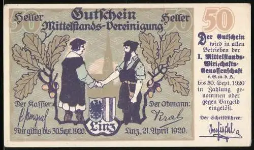 Notgeld Linz 1920, 50 Heller, Zwei Männer reichen sich die Hände, Eichenblatt und Wappen, Gutschein