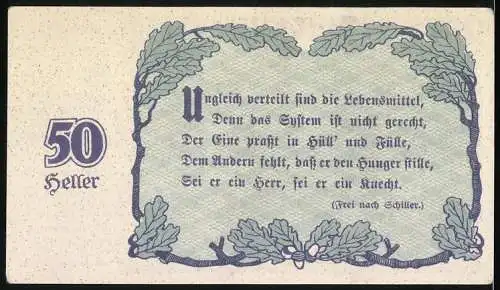 Notgeld Linz 1920, 50 Heller, Zwei Männer reichen sich die Hände, Eichenblatt und Wappen, Gutschein