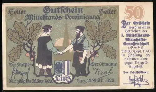 Notgeld Linz 1920, 50 Heller, Zwei Männer reichen sich die Hände, Eichenblatt und Wappen, Gutschein