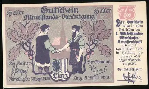 Notgeld Linz 1920, 75 Heller, Zwei Männer reichen sich die Hände, Eichenblatt und Wappen, Gutschein