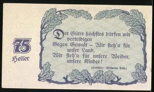 Notgeld Linz 1920, 75 Heller, Zwei Männer reichen sich die Hände, Eichenblatt und Wappen, Gutschein