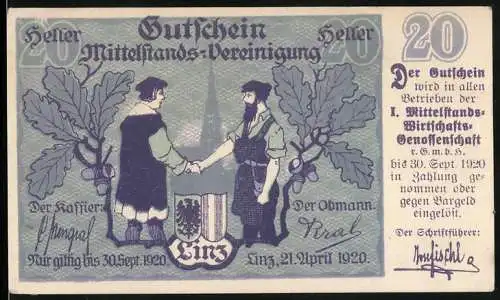 Notgeld Linz 1920, 20 Heller, Zwei Männer reichen sich die Hände, Eichenblatt und Wappen, Gutschein