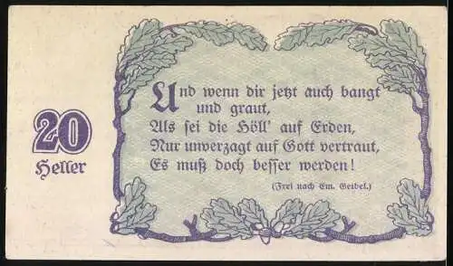 Notgeld Linz 1920, 20 Heller, Zwei Männer reichen sich die Hände, Eichenblatt und Wappen, Gutschein
