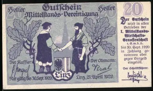 Notgeld Linz 1920, 20 Heller, Zwei Männer reichen sich die Hände, Eichenblatt und Wappen, Gutschein