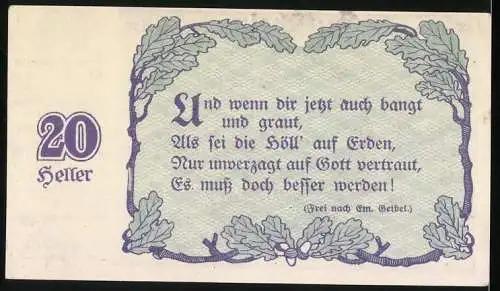 Notgeld Linz 1920, 20 Heller, Zwei Männer reichen sich die Hände, Eichenblatt und Wappen, Gutschein