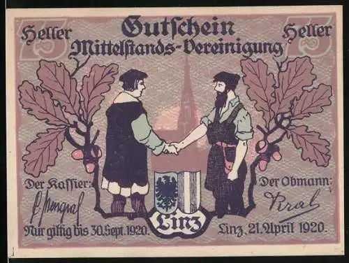 Notgeld Linz 1920, 75 Heller, Zwei Männer reichen sich die Hände, Eichenblatt und Wappen, Gutschein