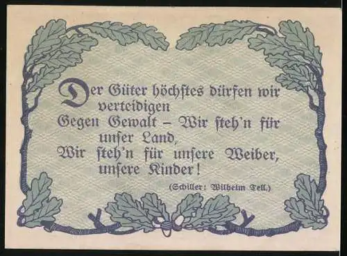 Notgeld Linz 1920, 75 Heller, Zwei Männer reichen sich die Hände, Eichenblatt und Wappen, Gutschein