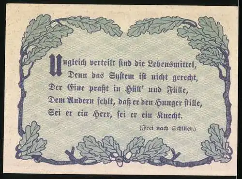 Notgeld Linz 1920, 50 Heller, Zwei Männer reichen sich die Hände, Eichenblatt und Wappen, Gutschein