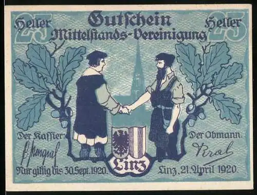 Notgeld Linz 1920, 25 Heller, Zwei Männer reichen sich die Hände, Eichenblatt und Wappen, Gutschein