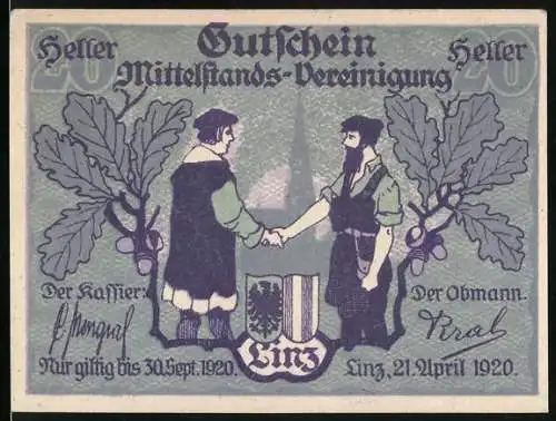 Notgeld Linz 1920, 20 Heller, Zwei Männer reichen sich die Hände, Eichenblatt und Wappen, Gutschein