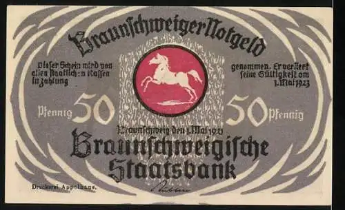 Notgeld Braunschweig 1921, 50 Pfennig, Eulenspiegel als Liebhaber, Wappen