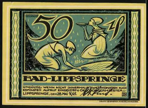 Notgeld Bad Lippspringe 1921, 50 Pfennig, Tannen und Quelle, Frauen am Wasser, Gutschein
