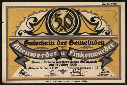 Notgeld Altenwerder 1921, 50 Pfennig, Frosch mit Altenwerder und Finkenwerder, Gutschein