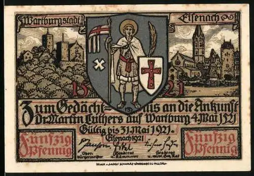 Notgeld Eisenach 1921, 50 Pfennig, Wartburg, Wappen und Luther in seiner Stube