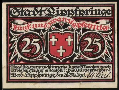 Notgeld Bad Lippspringe 1921, 25 Pfennig, Bauer mit Fuhrwerk, Wappen