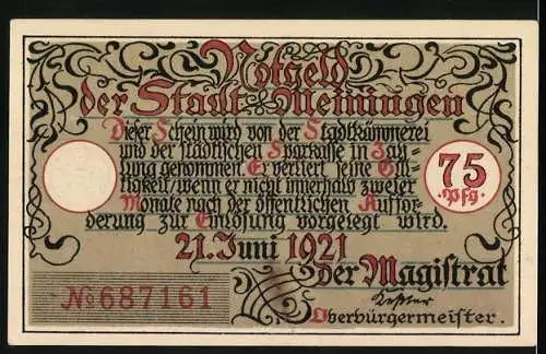 Notgeld Meiningen 1921, 75 Pfennig, Stadttor