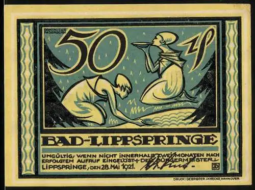 Notgeld Bad Lippspringe 1921, 50 Pfennig, Tannen und Quelle, Frauen am Wasser, Gutschein