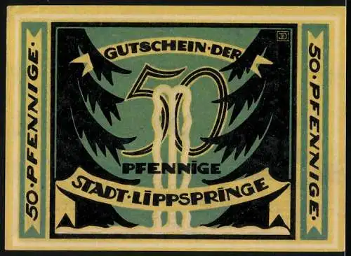 Notgeld Bad Lippspringe 1921, 50 Pfennig, Tannen und Quelle, Frauen am Wasser, Gutschein