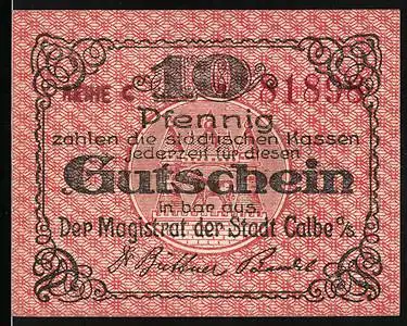 Notgeld Calbe a. S., 10 Pfennig, Wappen, Gutschein