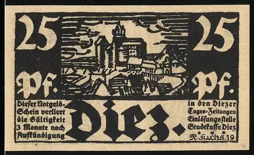 Notgeld Diez /Lahn 1919, 25 Pfennig, Ortsansicht, Bildnis Gräfin Walburg von Epstein