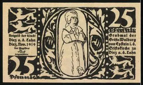 Notgeld Diez /Lahn 1919, 25 Pfennig, Ortsansicht, Bildnis Gräfin Walburg von Epstein