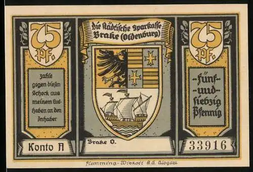 Notgeld Brake /Oldenburg, 75 Pfennig, Wappen, Flotte des Admiral Brommy