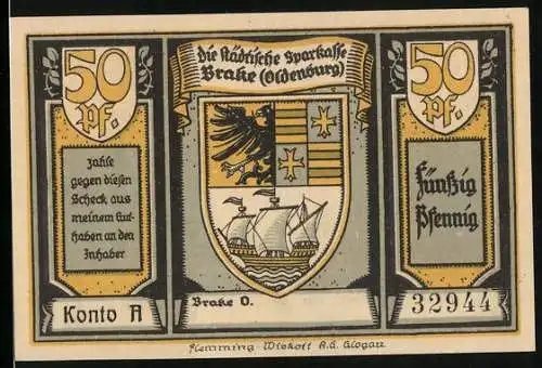Notgeld Brake /Oldenburg, 50 Pfennig, Wappen, Dampf-Korvette Erzherzog Johann im Trockendock