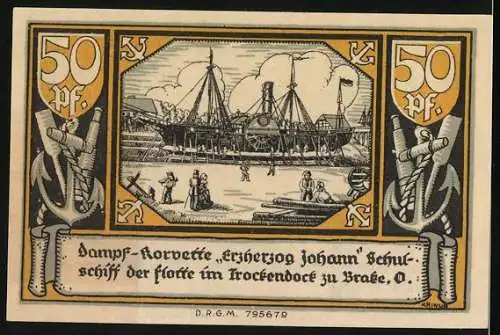 Notgeld Brake /Oldenburg, 50 Pfennig, Wappen, Dampf-Korvette Erzherzog Johann im Trockendock