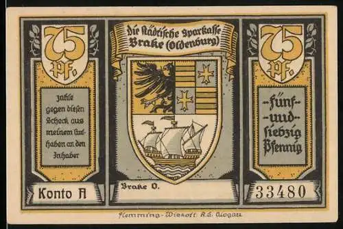 Notgeld Brake /Oldenburg, 75 Pfennig, Wappen, Flotte des Admiral Brommy auf ihrem Liegeplatz vor Brake