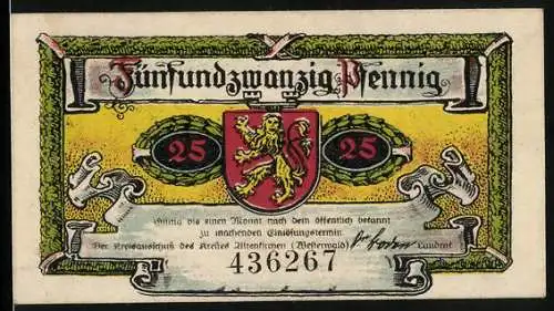 Notgeld Altenkirchen 1921, 25 Pfennig, Schloss Friedewald, Wappen
