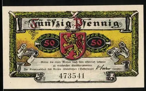 Notgeld Altenkirchen 1921, 50 Pfennig, Bauer bei der Feldarbeit, Wappen