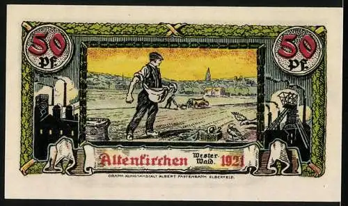 Notgeld Altenkirchen 1921, 50 Pfennig, Bauer bei der Feldarbeit, Wappen