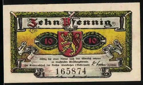 Notgeld Altenkirchen 1921, 10 Pfennig, Schloss Crottorf, Wappen