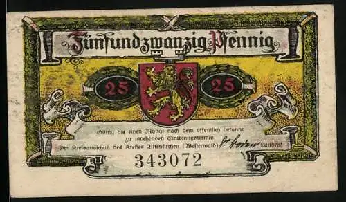 Notgeld Altenkirchen 1921, 25 Pfennig, Schloss Friedewald, Wappen