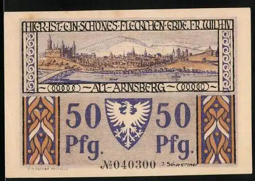 Notgeld Arnsberg 1921, 50 Pfennig, Panorama der Stadt, Hirschberger Tor