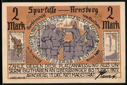 Notgeld Arnsberg 1921, 2 Mark, Panorama der Stadt, Oberfehmstuhl von Westfalen anno 1400
