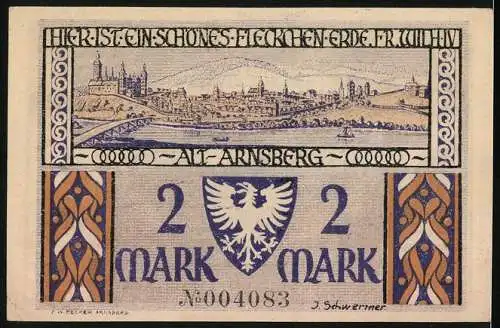 Notgeld Arnsberg 1921, 2 Mark, Panorama der Stadt, Oberfehmstuhl von Westfalen anno 1400