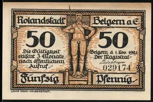 Notgeld Belgern a. E. 1921, 50 Pfennig, Friedrich der Grosse auf dem Marktplatz, Roland-Statue