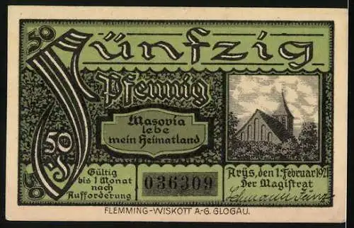 Notgeld Arys /Opr. 1920, 50 Pfennig, Kirche und Wappen