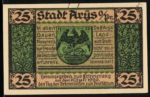Notgeld Arys /Opr. 1920, 25 Pfennig, Kirche und Wappen